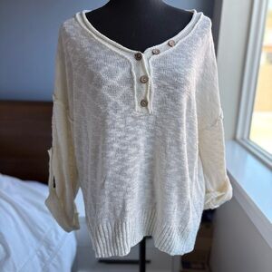 Miracle USA Textured Knit Henley-Style Pullover V-Neck Sweater w Buttons - Cream